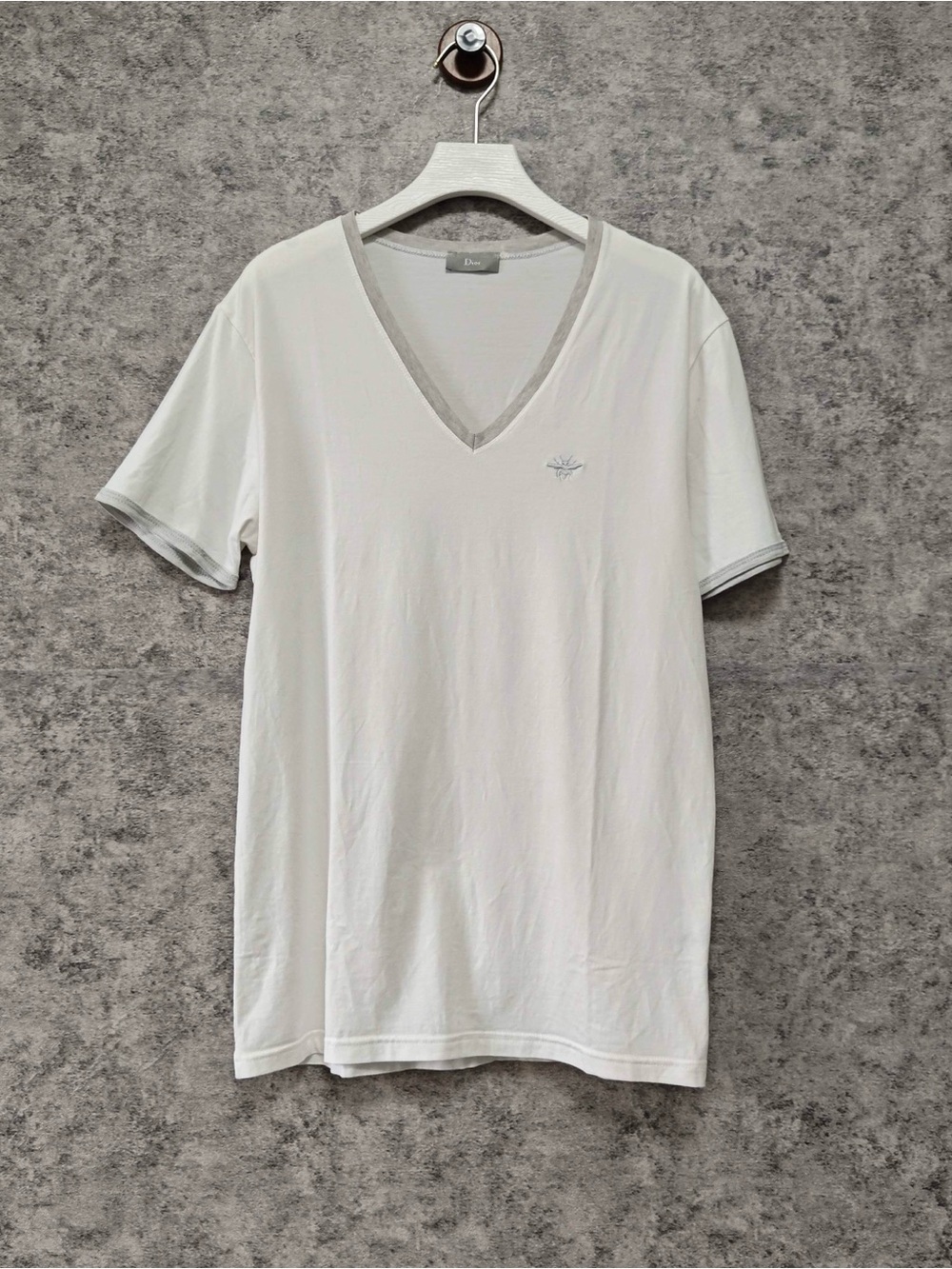 Dior Men's White V-Neck Tee with Light Gray Trim